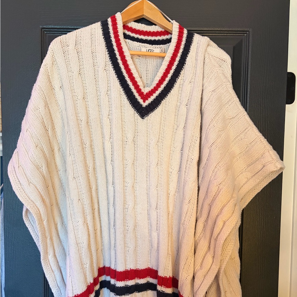 UGG Cream V-Neck poncho with Red and Blue Stripes